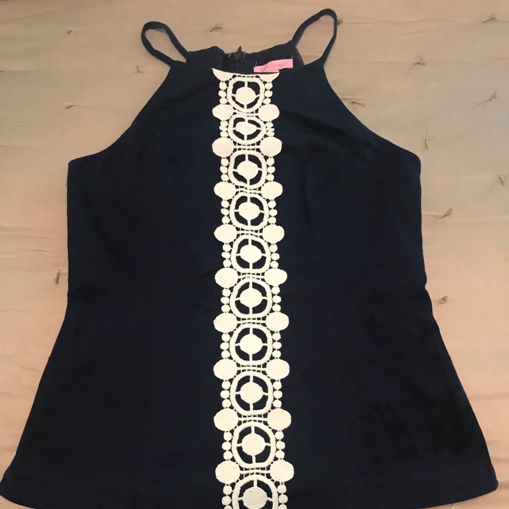 Lilly Pulitzer embroidered top in navy.
